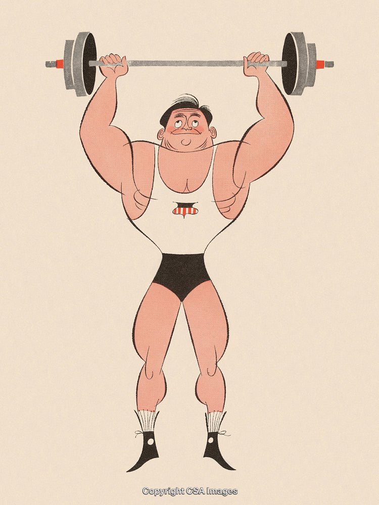 Cartoon Illustration of a Weightlifter Lifting Heavy Barbell with Confidence