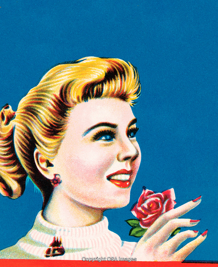 Retro Style Illustration of a Woman Holding a Rose on Blue Background