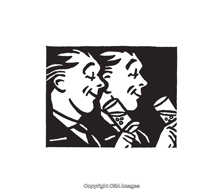 Stylish Black And White Illustration Featuring Two Smiling Figures With Drinks