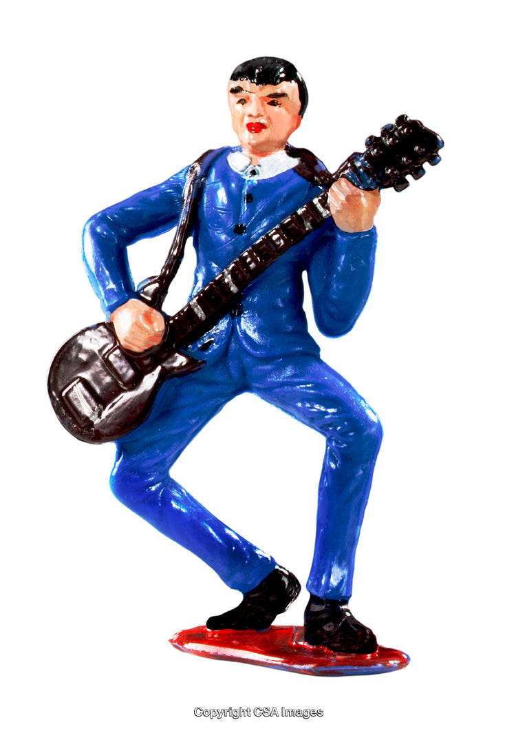 Plastic Figure of a Guitarist Playing Music in a Blue Suit