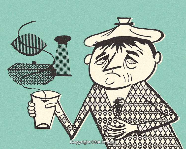 Illustration of a Man Feeling Sick Holding a Drink and Wearing Pajamas