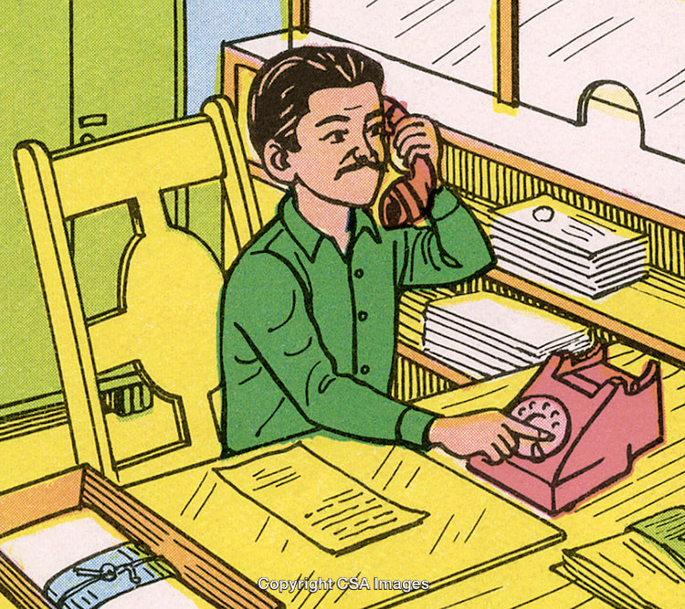 Man Sitting At Desk Talking on Rotary Phone in Vintage Office Setting