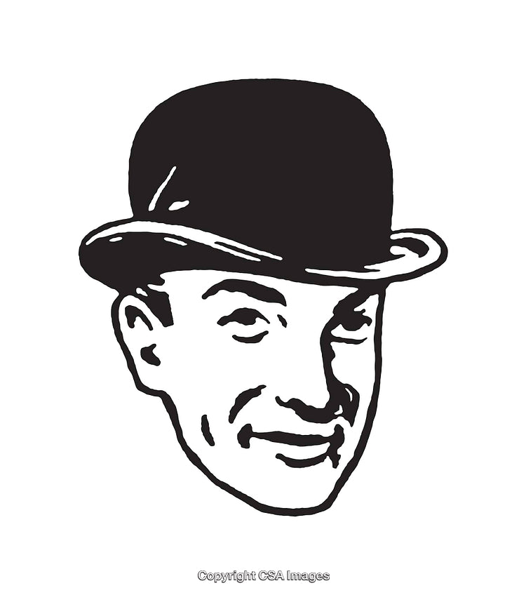 Vintage Line Art Illustration of a Man Wearing a Bowler Hat