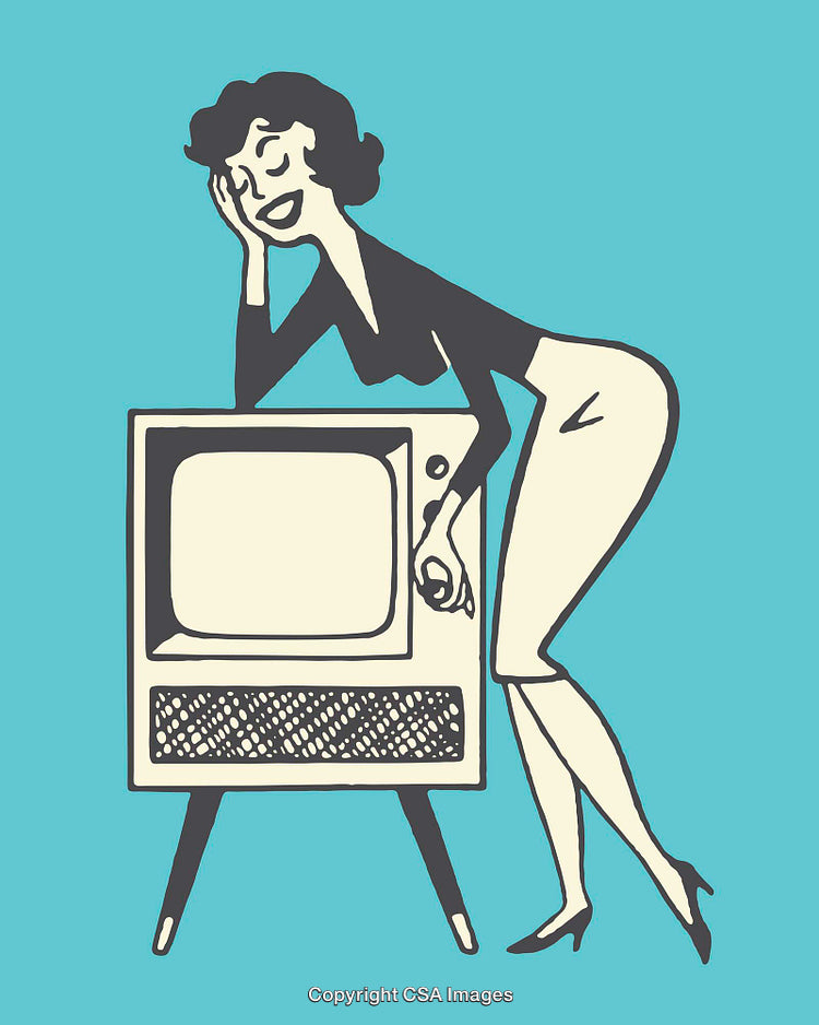 Retro Line Art of Woman with Vintage Television in Classic Style