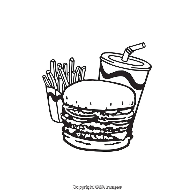 Black and White Line Art of Burger, Fries, and Soda Combo