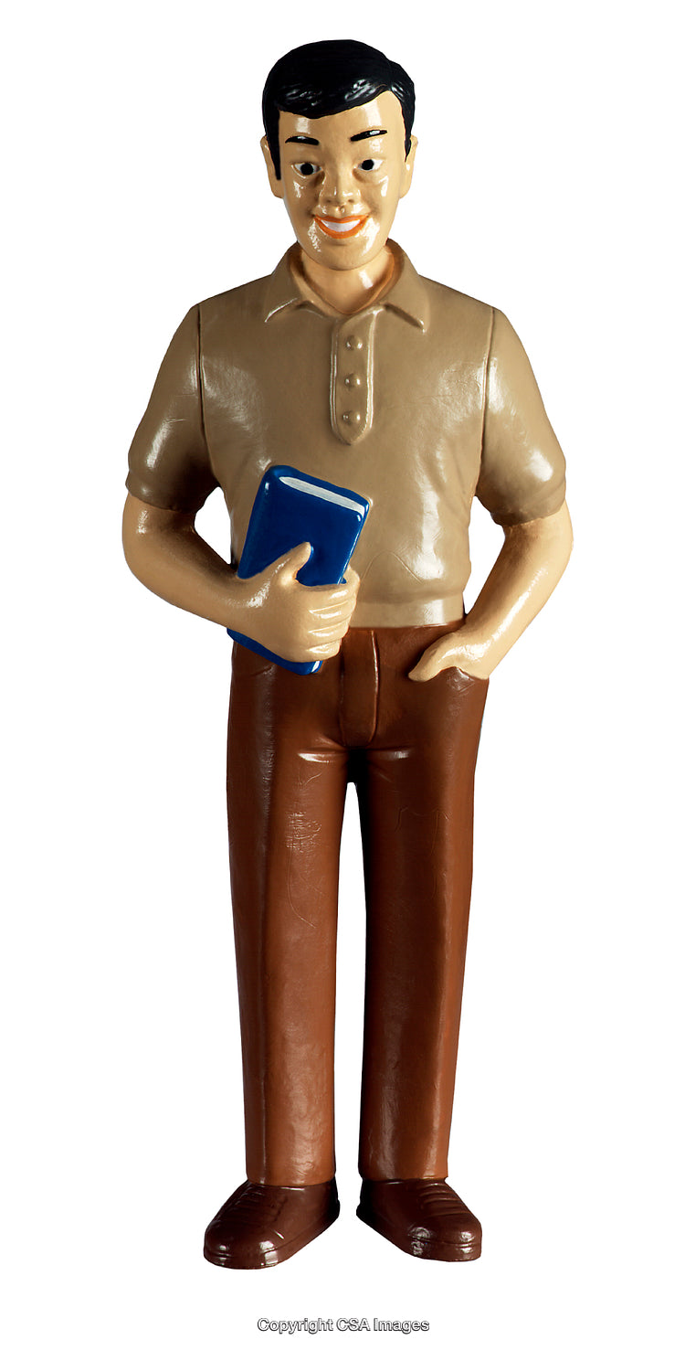 Smiling Plastic Figure Holding a Book in Casual Attire