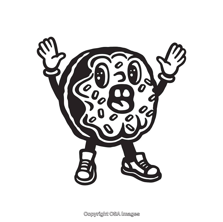 Black and White Cartoon Illustration of Doughnut Character in Comedic Pose