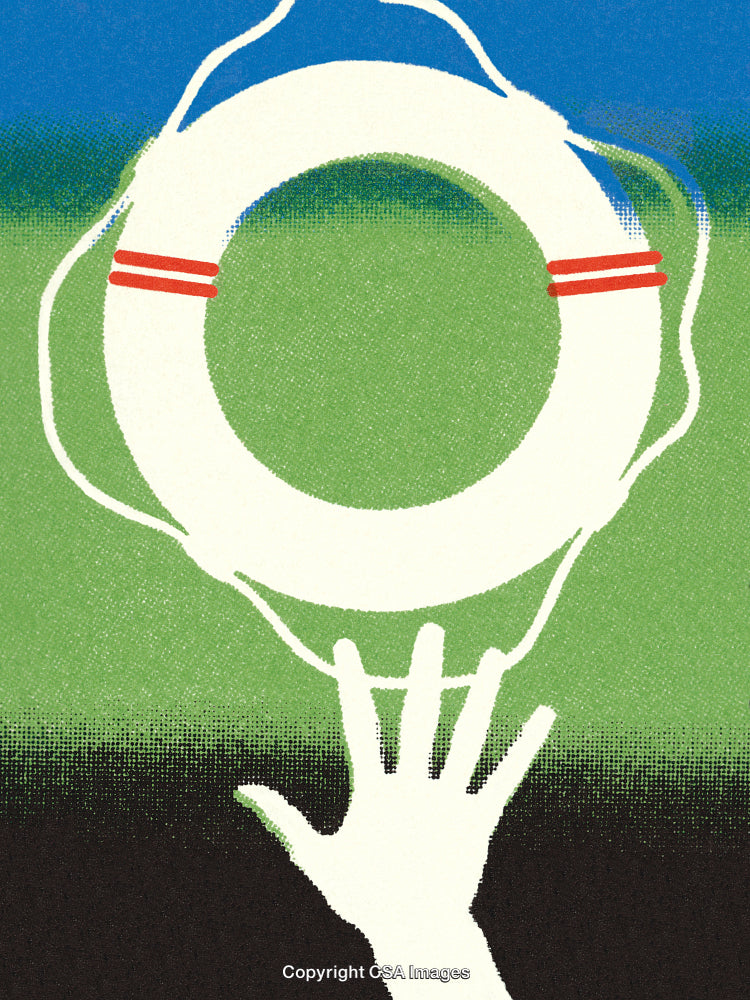 Hand Reaching for a Life Ring Against Multicolored Background