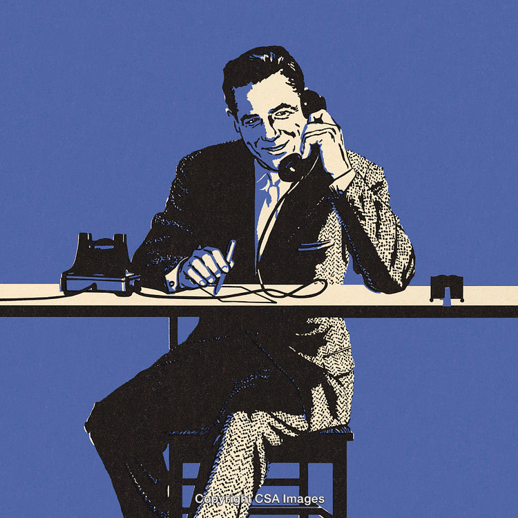 Retro Illustration of Man Calling and Writing at Office Desk