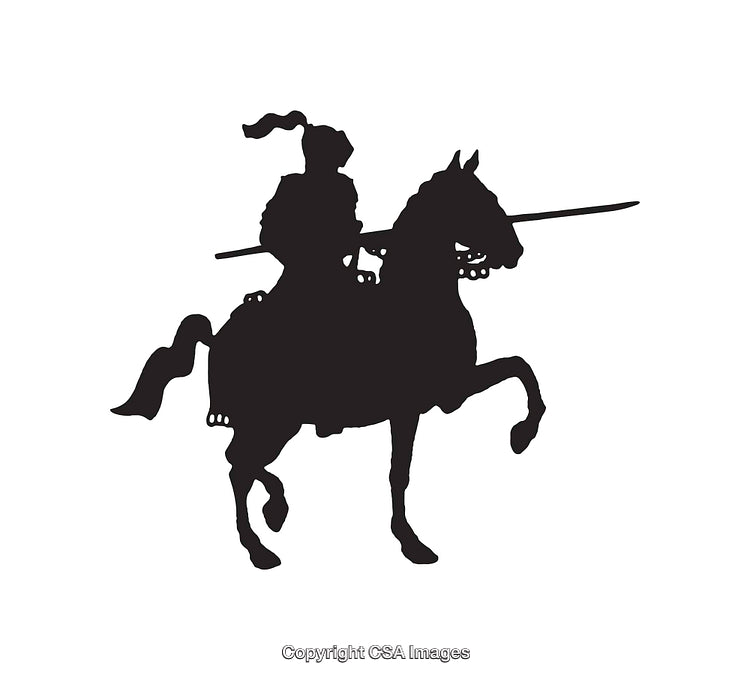 Silhouette of a Knight on Horseback Carrying a Lance in Black and White