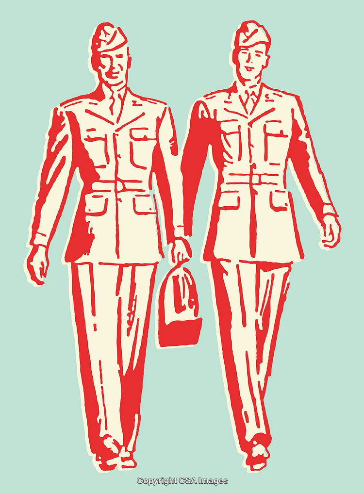 Colorful Illustration of Two Soldiers Marching Together in Uniform