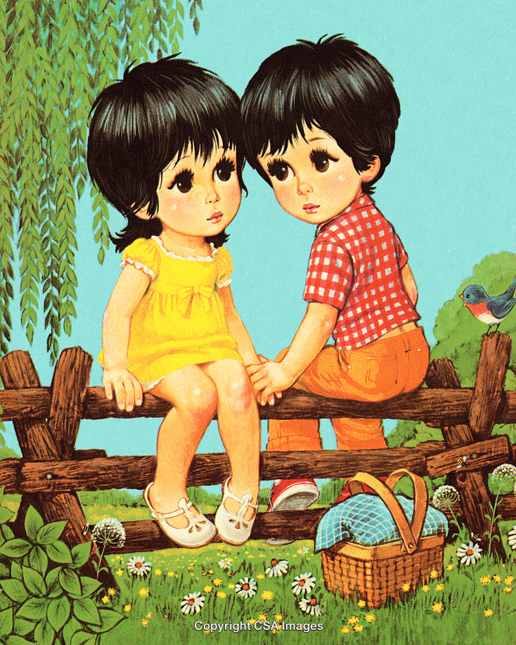 Vintage Illustration of Two Children Sitting on a Wooden Fence Outdoors