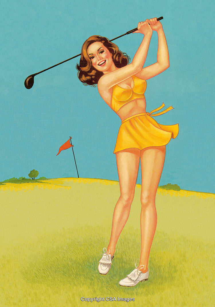 Vintage Illustration of a Cheerful Woman Playing Golf in Stylish Attire