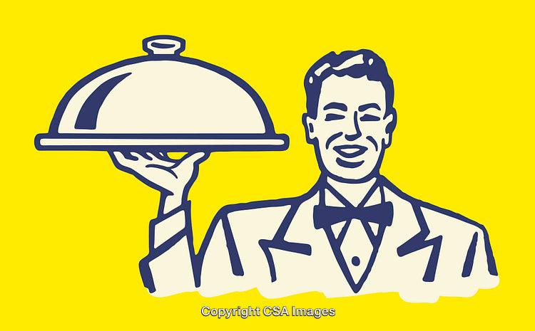 Retro Styled Illustration of a Waiter Holding a Covered Serving Tray