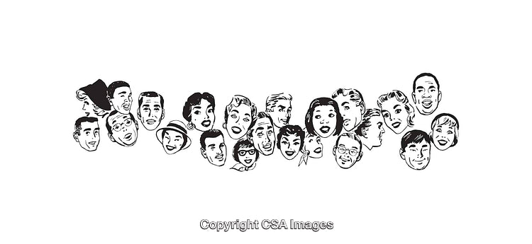 Collection of Black and White Retro-Style Line Art Faces Illustrations