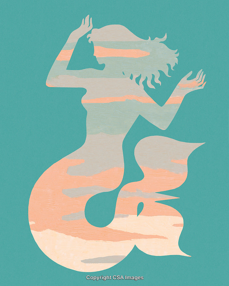 Silhouette of a Mermaid with Ocean Inspired Background and Pastel Colors