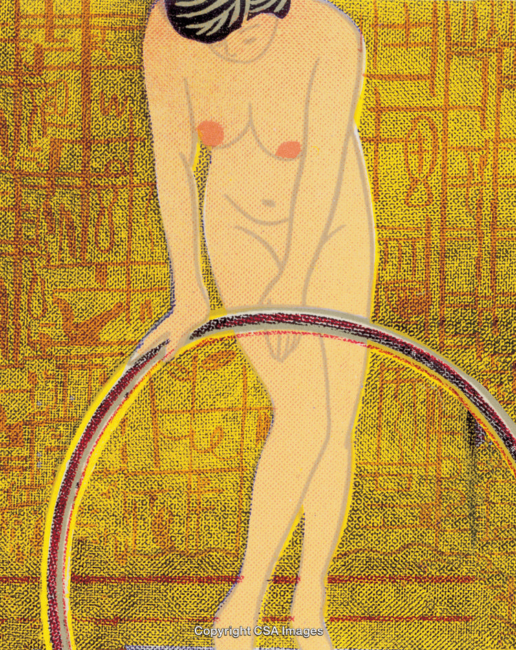 Abstract Artwork of a Woman With Hoop on a Vibrant Yellow Background