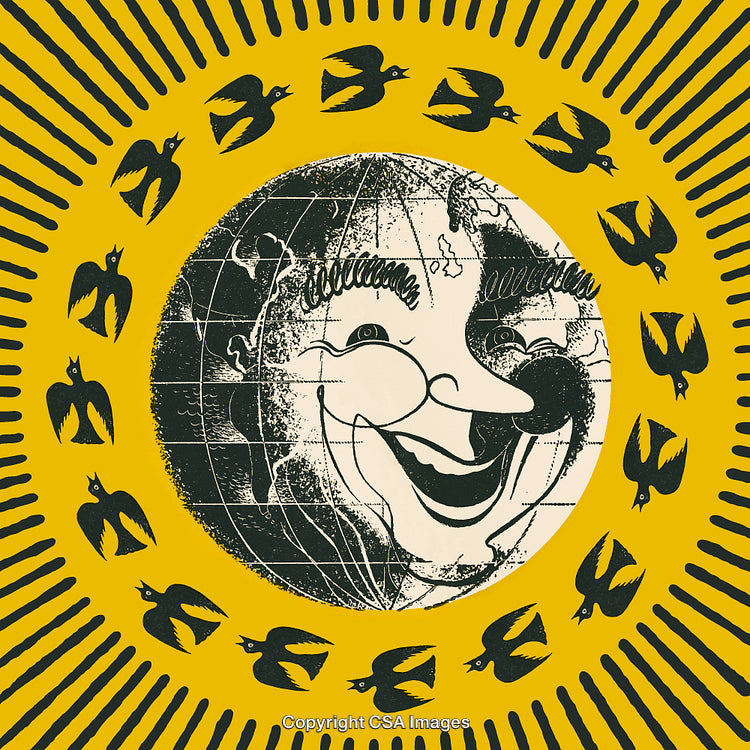 Illustration of a Smiling Globe with Radiating Birds and Vintage Style