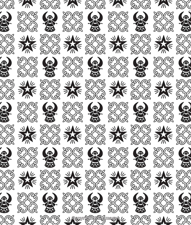 Black and White Patterns Featuring Angels, Stars, and Decorative Elements