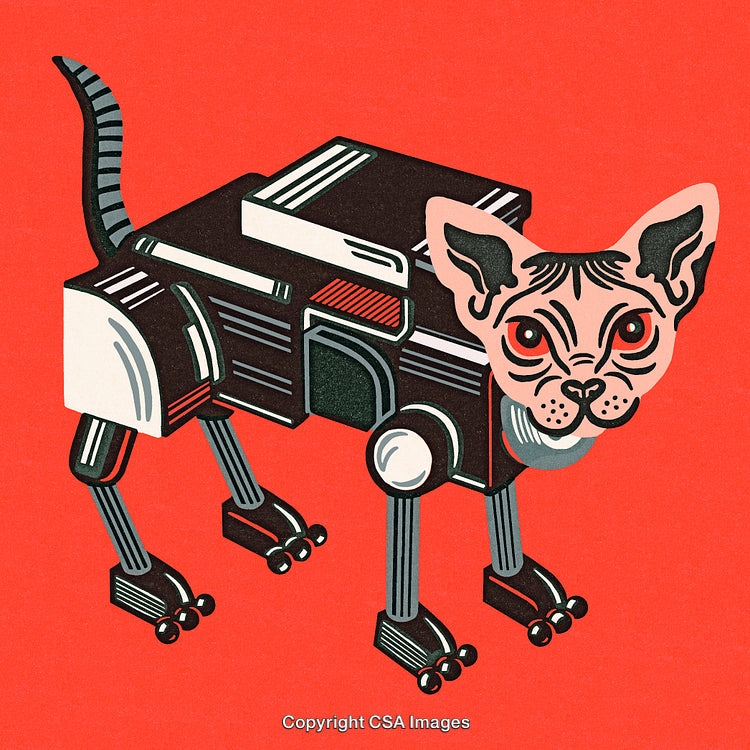 Abstract Illustration of a Robotic Cat with Vibrant Red Background