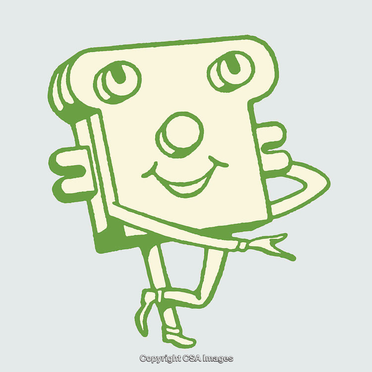 Cheerful Bread Slice Character Illustration in Minimalistic Green and Beige Style