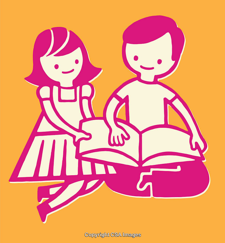 Children Reading Together with Colorful Cartoon Illustration