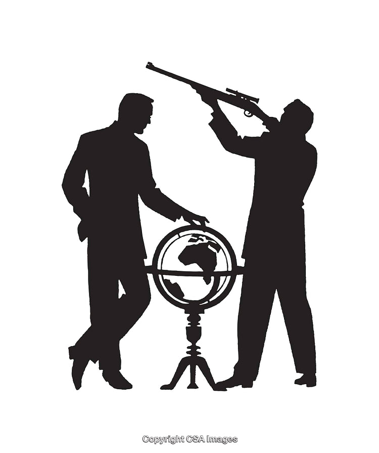 Silhouette of Two Men with Globe and Rifle in Line Art Style