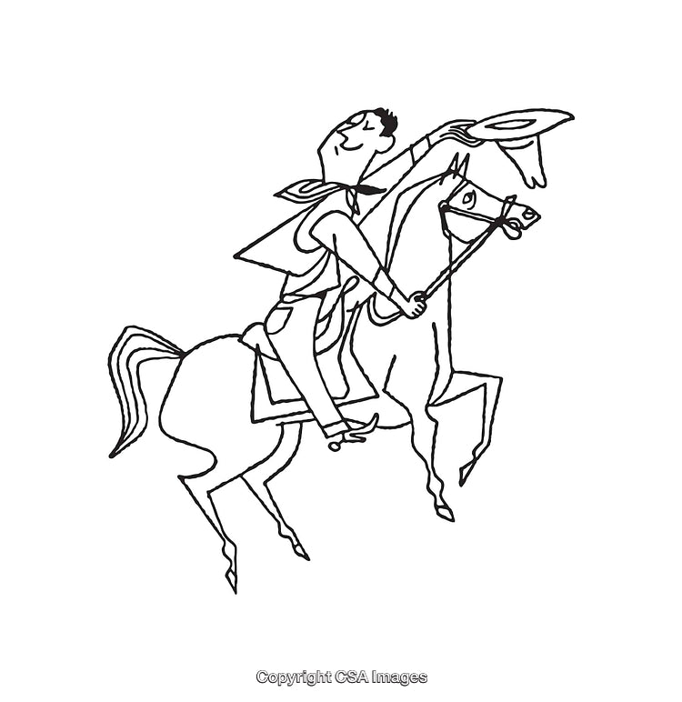 Line Art Depiction of Cowboy Riding Horse Joyfully Waving a Hat