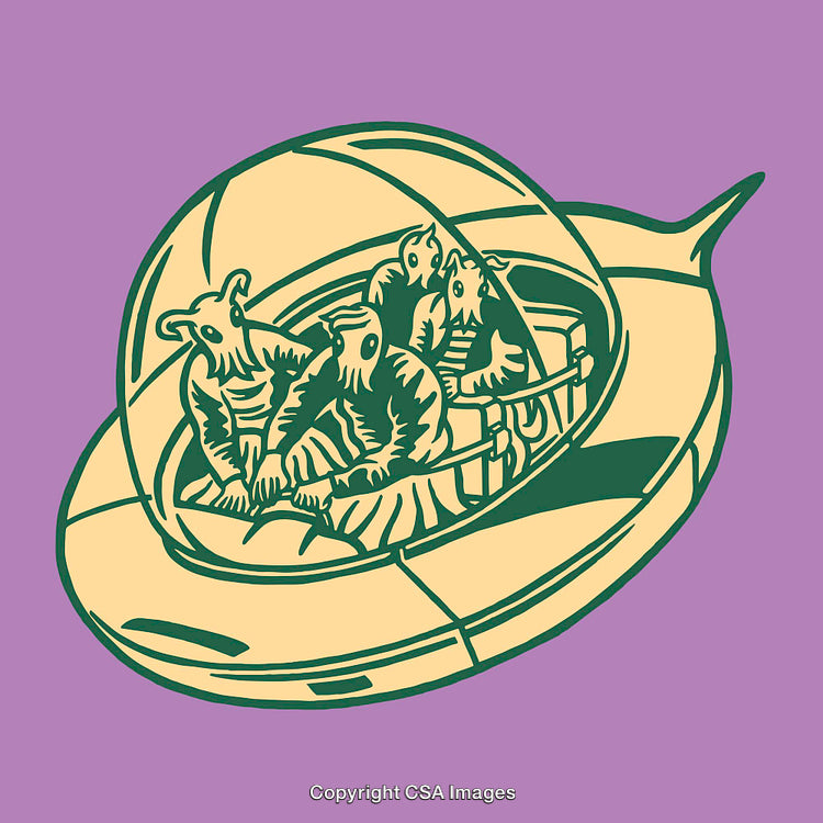 Whimsical Illustration of Unique Characters in a Flying Saucer