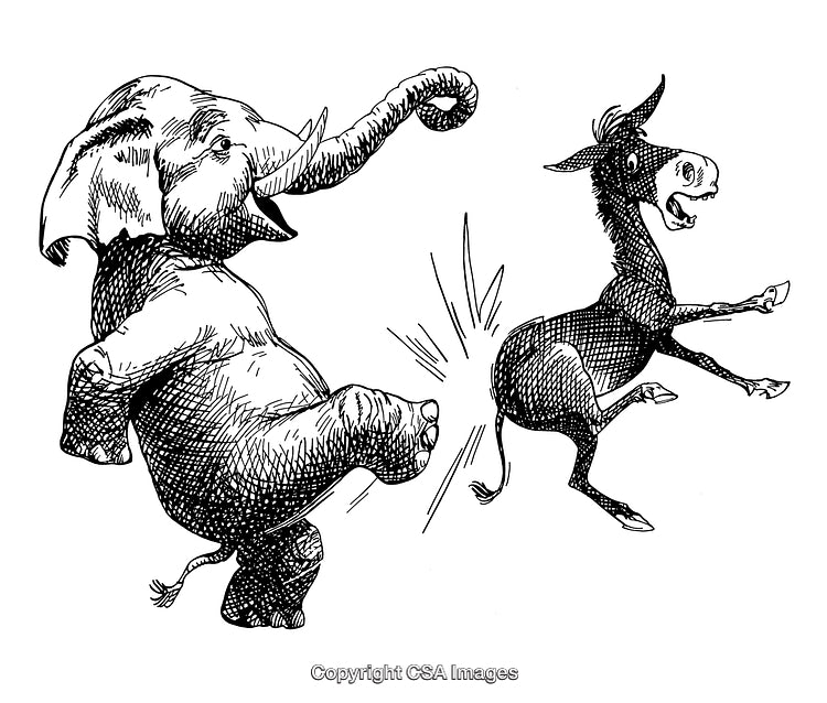 Black and White Engraving of Elephant Kicking Donkey Symbolizing Conflict