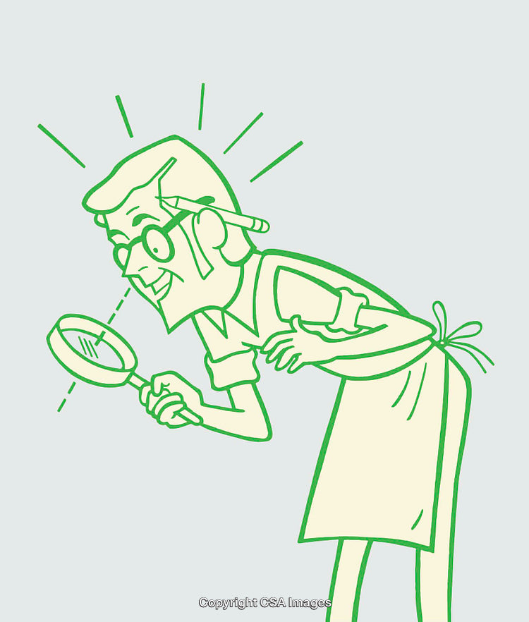 Cartoon Character Inspecting with Magnifying Glass in Line Art Style