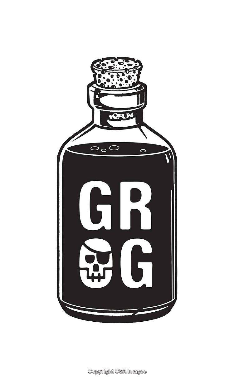 Black And White Line Art Illustration of a Grog Bottle with Skull
