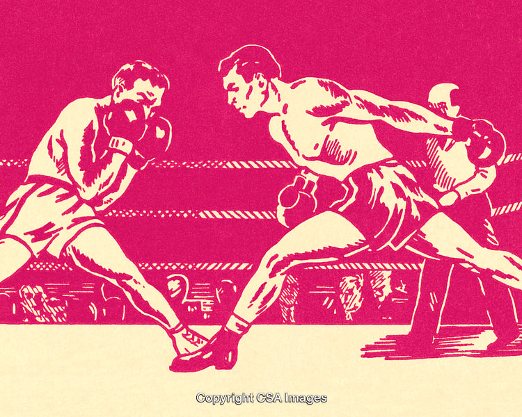 Vintage Boxing Illustration Depicting a Dynamic Ring Match with Strong Athletes