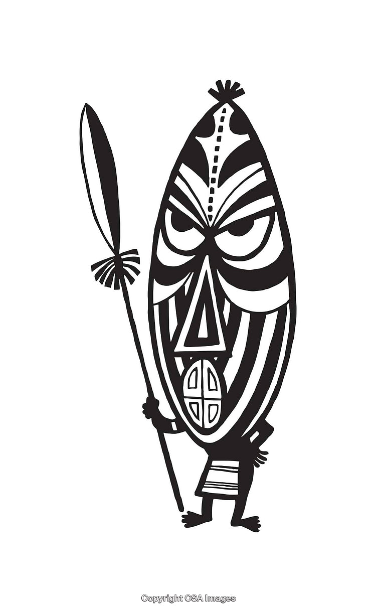 Tribal Line Art Illustration of a Warrior Holding a Spear in Black and White