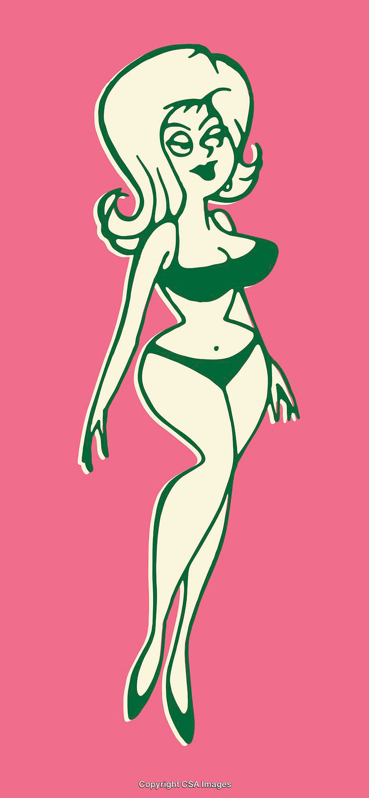 Retro Style Green And Pink Line Art Illustration of a Stylish Woman