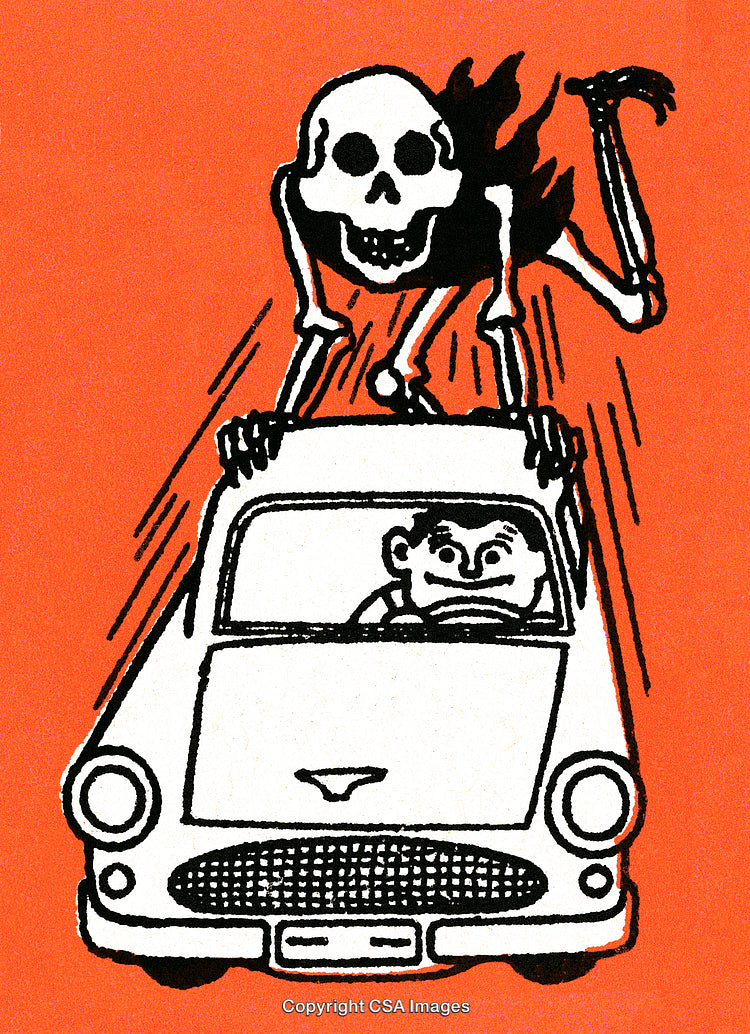 Illustrated Car Scene with Skeleton on Bright Red Background