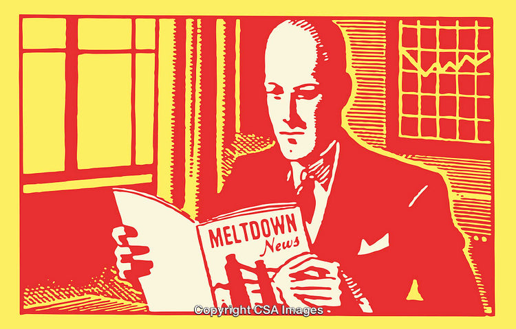 Businessman Reading Economic News in Retro-Style Line Art Illustration
