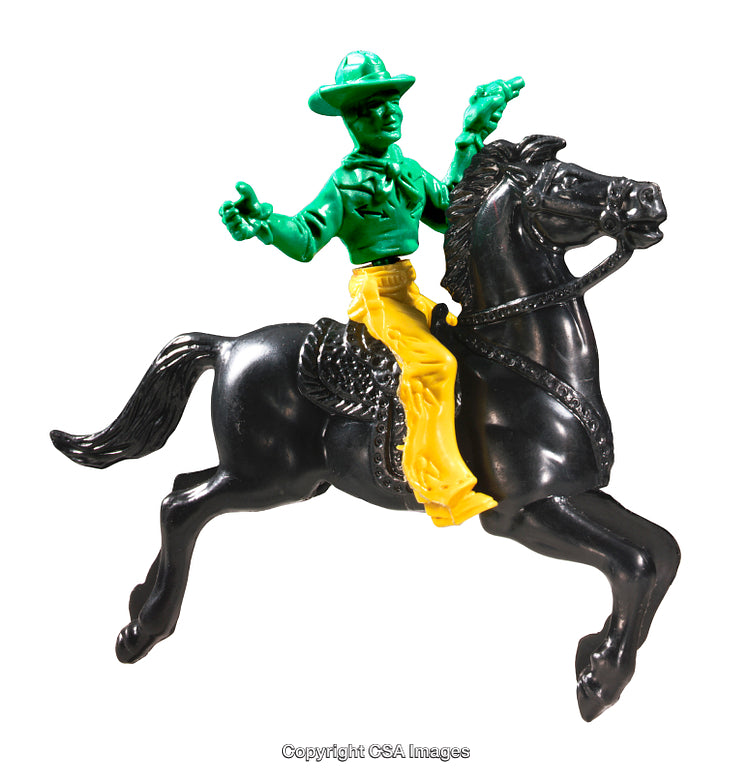 Plastic Toy Cowboy Riding a Black Horse in Action Pose