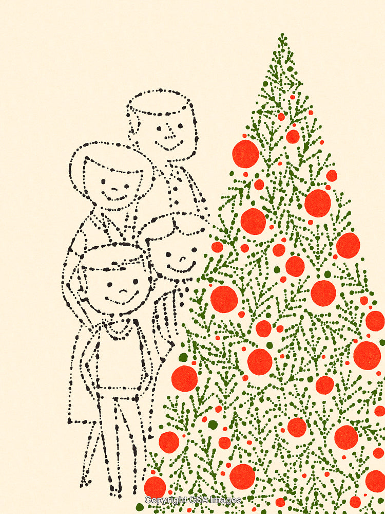 Festive Family Portrait Celebrating Christmas with Decorated Tree in Stylish Illustration