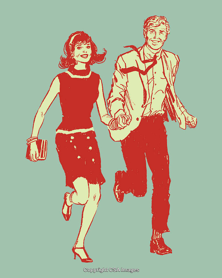 Retro Style Illustration of a Smiling Couple Holding Hands and Walking Forward