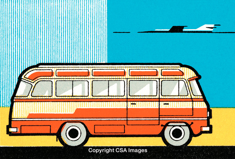 Retro-Style Illustration of a Bus in a Colorful Minimalist Setting