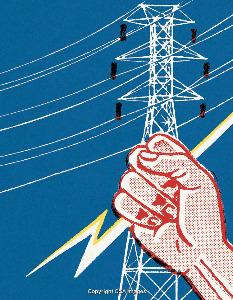 Illustration of a Fist with Electric Powerline Against Blue Background