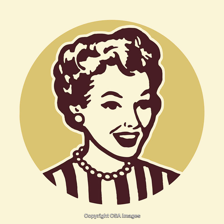 Retro Line Art Illustration of a Smiling Woman with Vintage Style