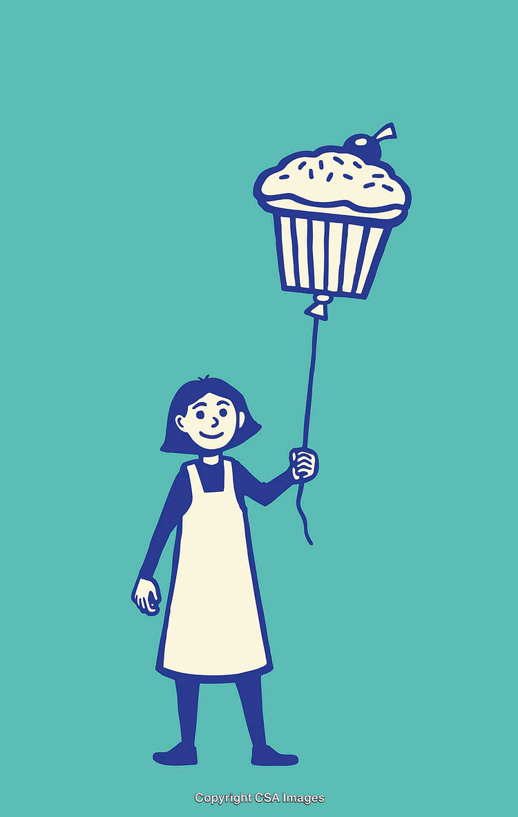 Cheerful Girl Holding Balloon Shaped Like Large Cupcake in Illustration