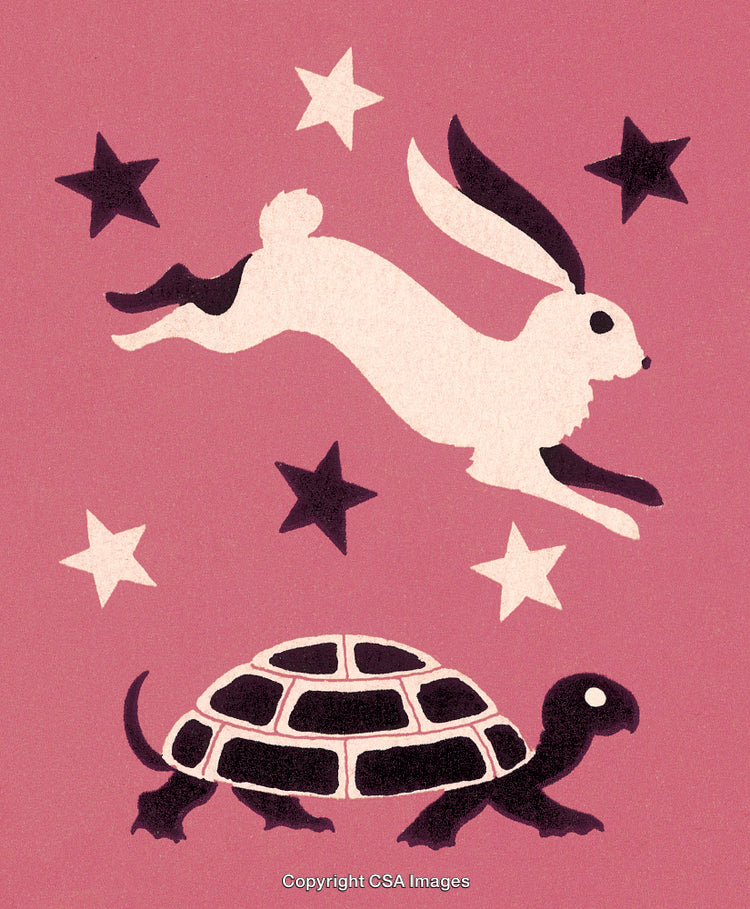Stylized Illustration of a Hare, Tortoise, and Stars on Pink Background