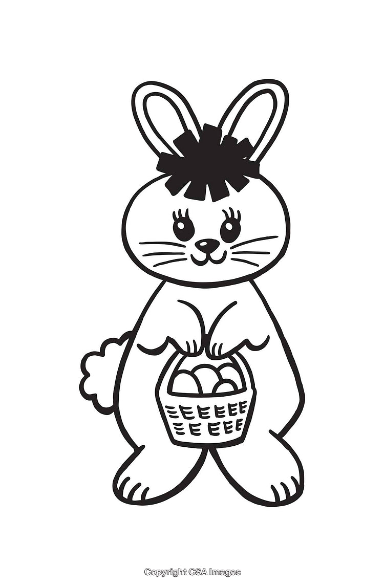 Black and White Line Drawing of a Bunny with Basket of Eggs