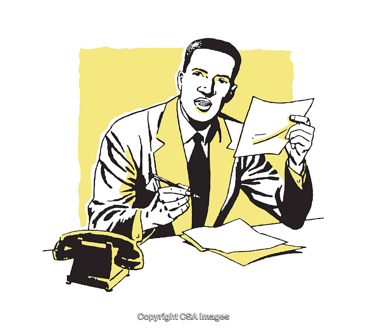 Vintage Illustration of a Man at a Desk with Notes and Phone