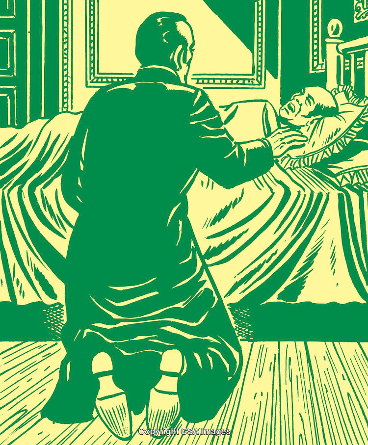 Vintage Illustration of A Person Kneeling Beside a Patient in a Bed
