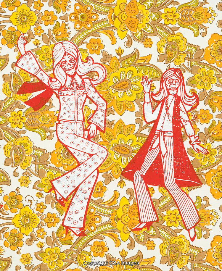 Vintage Illustration of Dancing Figures on Floral Background in Retro Style