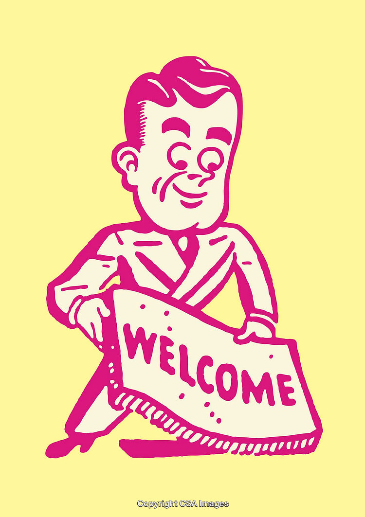 Vintage Cartoon Gentleman Holding Welcome Sign in Vibrant Colors
